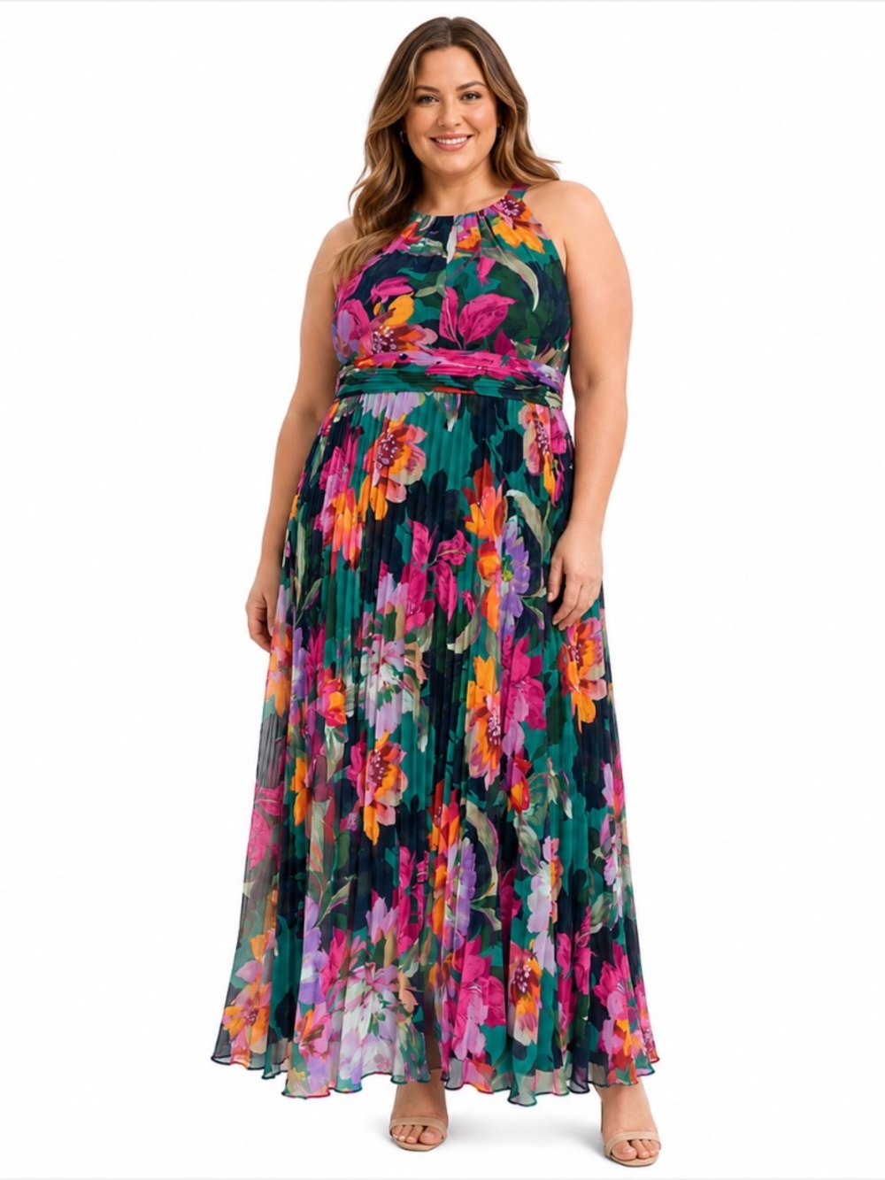 XSCAPE - Gia Floral Print Pleated Chiffon Halter Maxi Dress